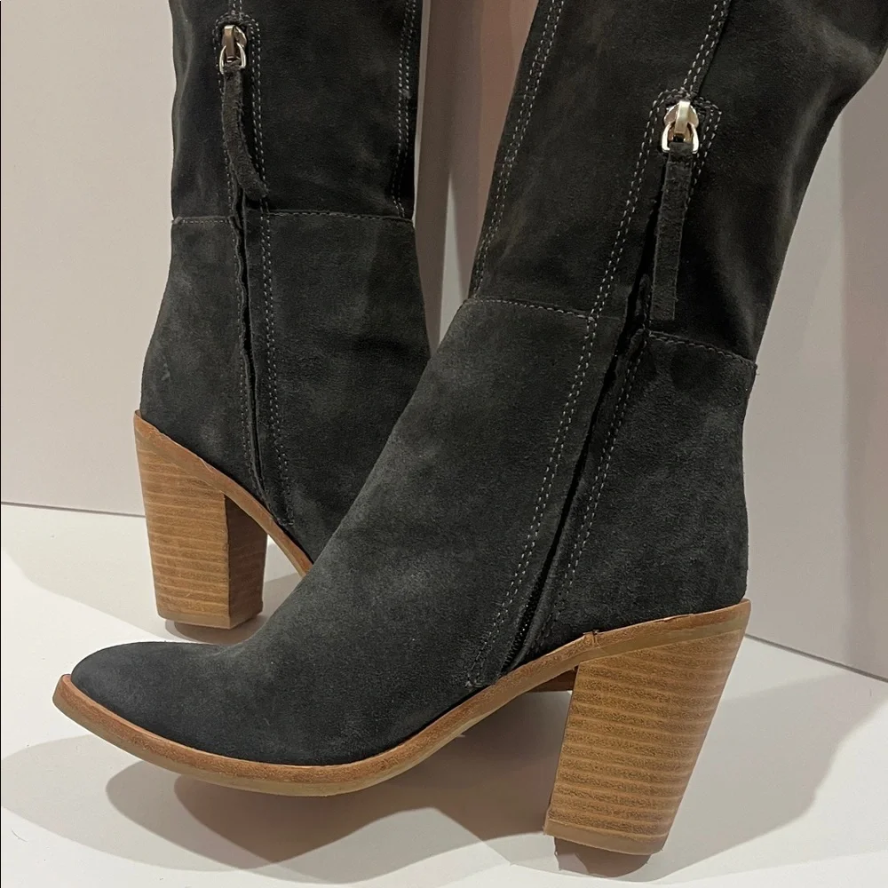 Dark Gray Suede Knee-High Boots - Picture 3 of 14
